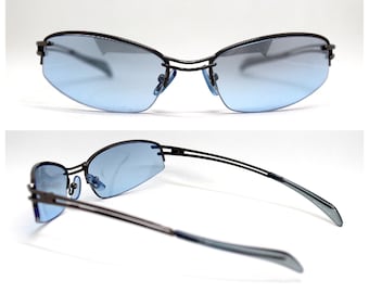 Occhiali da sole uomo vintage retrò ovale avvolgente azzurro, Wrap oval rectangular sunglasses man blue light grey captivating steampunk