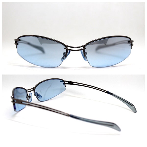 Occhiali da sole uomo vintage retrò ovale avvolgente azzurro, Wrap oval rectangular sunglasses man blue light grey captivating steampunk