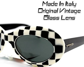 Women's sunglasses retro vintage 50/60 style oval black&white chess glass lenses sunglasses woman oval black&white chess Made in Italy