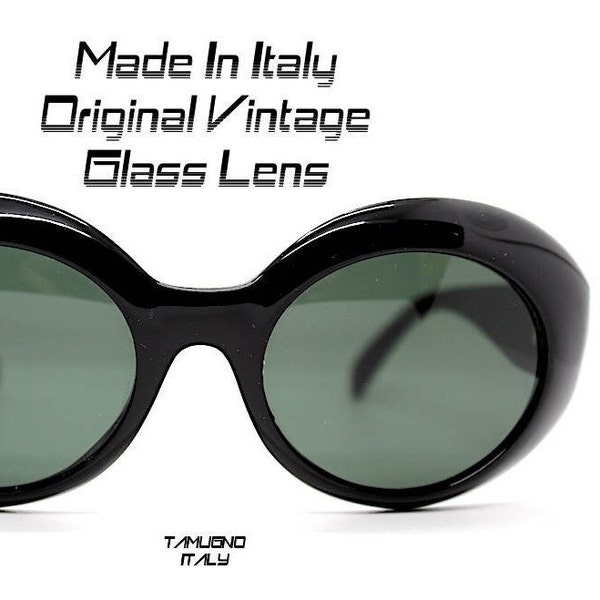 MADE IN ITALY classic oval big round sunglasses woman glossy black frame tempered green glass lens retro rock style vintage 90s, glasses