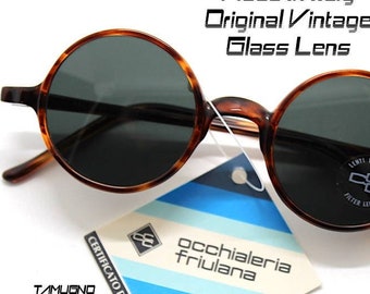 TEASHADES 90er VINTAGE-SONNENBRILLE, hergestellt in Italien, Unisex, kleiner runder Schildpattrahmen, schwarze Hartglaslinse, minimalistischer Hippie-Rock-Look