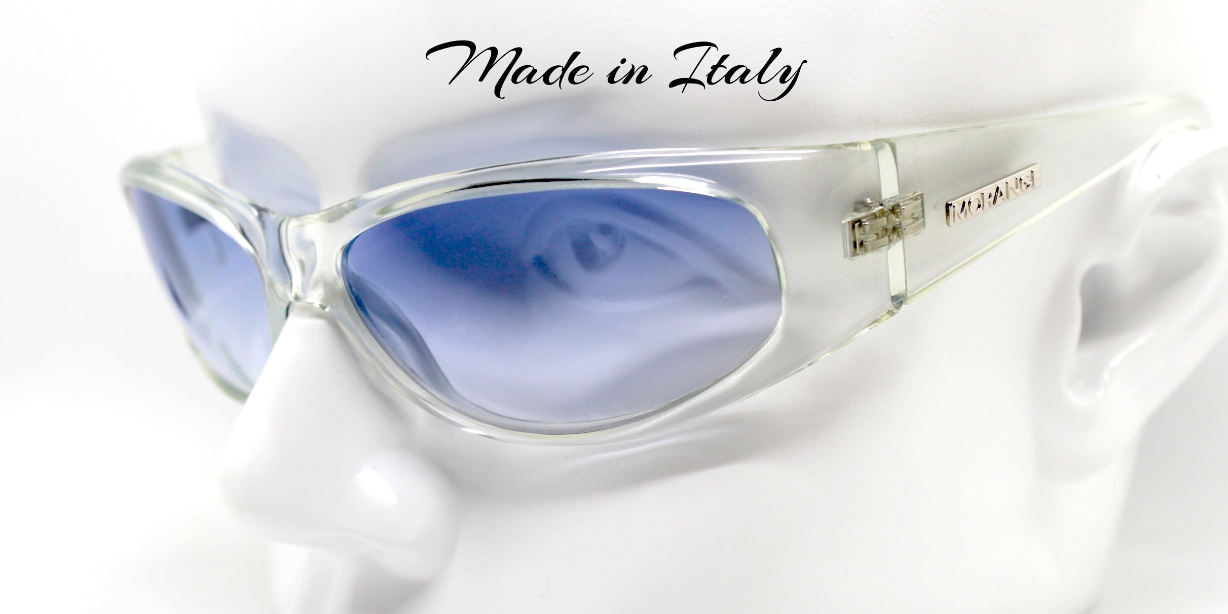 Occhaili da sole vintage uomo ovale trasparente avvolgente lente azzurra  sunglasses men oval transparent enveloping Blue lens Made in Italy