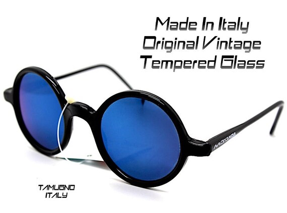Occhiali Da Sole Tondo Vintage Nero Lente Vetro Specchio Blu | Etsy