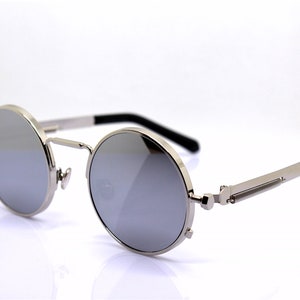 POLARIZED Steampunk round sunglasses man woman silver metal frame silver mirrored lens industrial style mechanical Vampire gothic rock punk