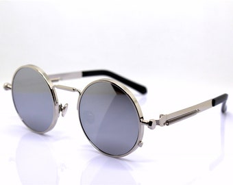 POLARISIERTE Steampunk-Sonnenbrille, rund, für Damen und Herren, silberner Metallrahmen, silberverspiegelte Gläser, Industriestil, mechanisch, Vampir-, Gothic-, Rock- und Punk-Stil