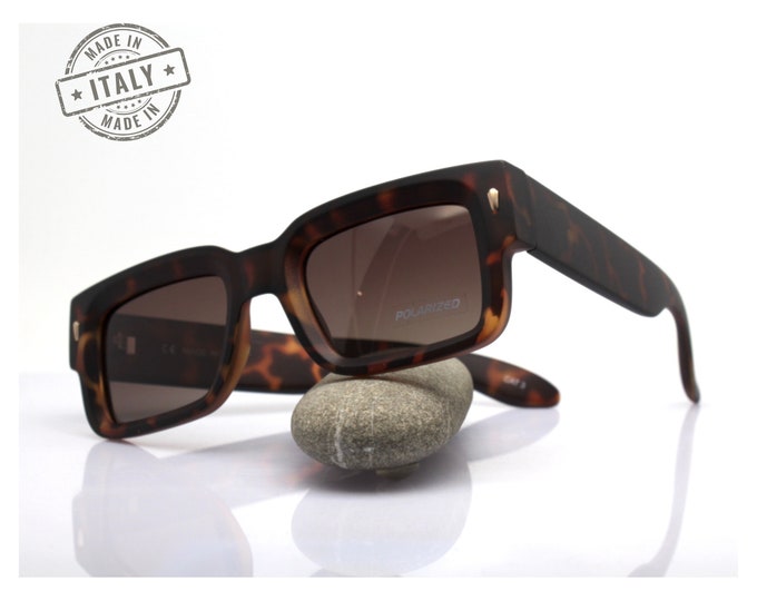 Featured listing image: POLARIZED MEN'S SUNGLASSES Made in Italy / thick rectangular frame retro brown tortoiseshell matte / polarized lenses quality brown gradient