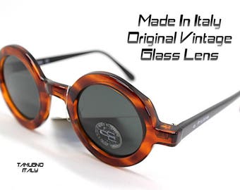 Women Sunglasses Vintage Round Big Brown Black Glass Lens Woman Sunglasses Big Round Brown Black Hippie Hipster Made in Italy