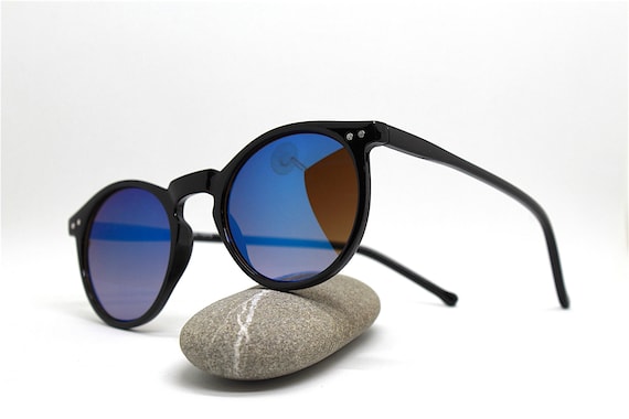 Occhiali Da Sole Uomo Donna Classico Rotondo Nero Specchio Blu