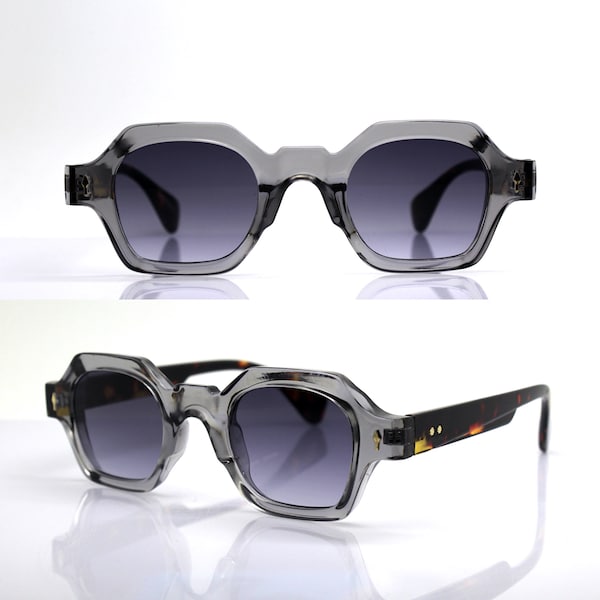 SUNGLASSES MAN WOMAN classic thick faceted octagonal square two-tone transparent gray tortoise frame, gradient black lens, hipster style