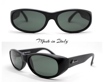 Made in Italy rectangular sunglasses man matt black frame green/grey tempered glass lens, Occhiali da sole uomo rettangolare nero vintage 90