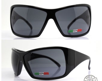 WRAP MASK SUNGLASSES Man Woman Made in Italiy, Oversized total black frame black/gray lens tight sporty style also suitable for helmet