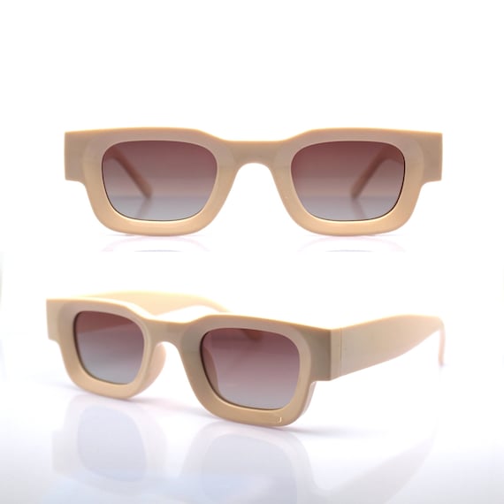 POLARIZED Small Square Rectangular Sunglasses Man Woman Ivory Beige Frame  Light Brown Gradient Lens, Retro Small Square Glasses 
