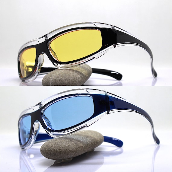 Wrap Sporty Rectangular Sunglasses Man Black Blue Transparent Plastic Frame  Light Yellow Blue Lens Mountain Bike, Men's Close-fitting Glasses -  UK