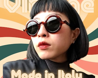 Women Sunglasses Vintage Round Big Brown Black Glass Lens Woman Sunglasses Big Round Brown Black Hippie Hipster Made in Italy
