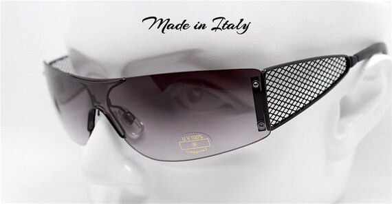 Occhiali da sole uomo donna maschera rettangolare senza montatura nera rimless rectangular mask sunglasses men black Steampunk Made in Italy