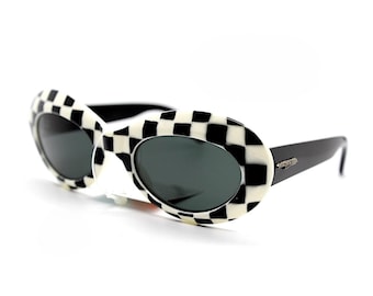 Vintage Women&#39;s Sunglasses Black & White Chess Frame, Oval Black Glass Lenses, 100% UVA/UVB, Made in Italy - Retro Danor Morange Original