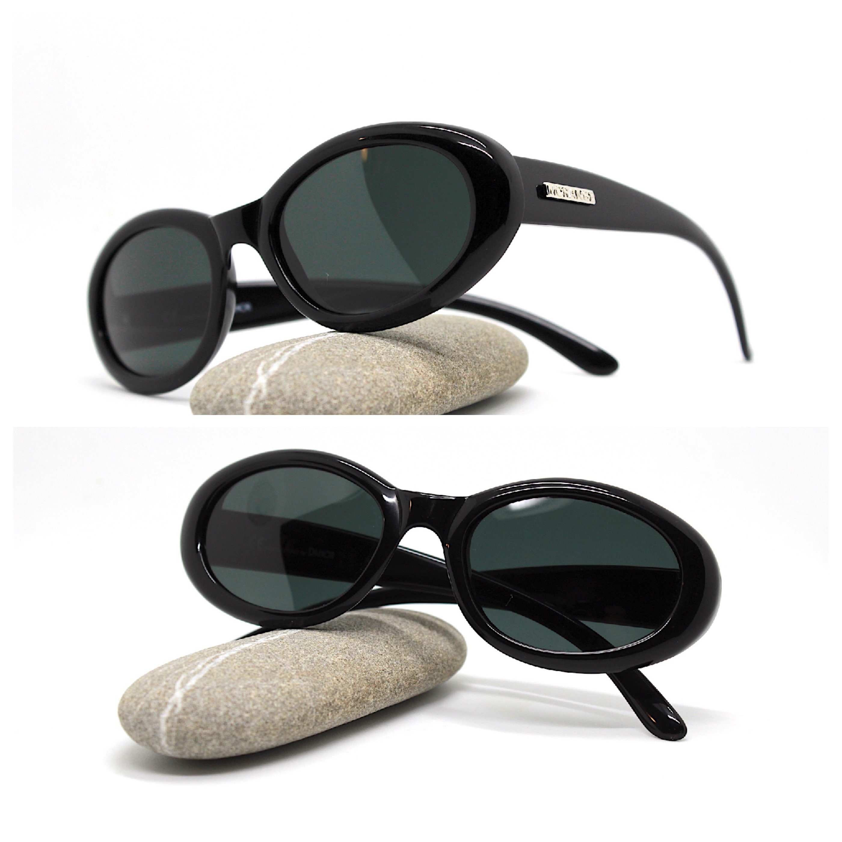 MADE IN ITALY oval sunglasses woman glossy black frame black glass lens