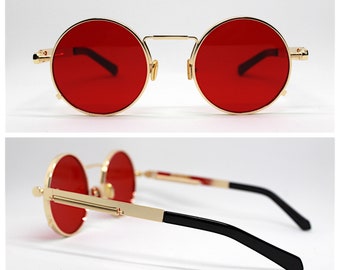 Sunglasses men women retro round oval RED GOLD, Round sunglasses gold frame red lens Steampunk Vampire gothic rock