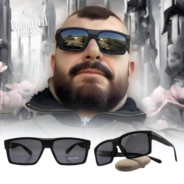 POLARIZED rectangular men's sunglasses matt black TR90 frame black smoke lens caliber 56 futurist policeman military style, occhiali da uomo