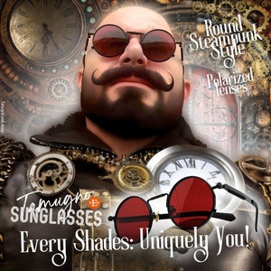K&ouml;nnte beinhalten: Runde Sonnenbrille im Steampunk-Stil mit roten polarisierten Gl&auml;sern. Das Bild zeigt den Text "Tamugno Sunglasses" und "Every Shades: Uniquely You!" in einer stilisierten Schriftart. Die Sonnenbrille hat einen schwarzen Rahmen und befindet sich vor einem Hintergrund aus Uhren und Zahnr&auml;dern.