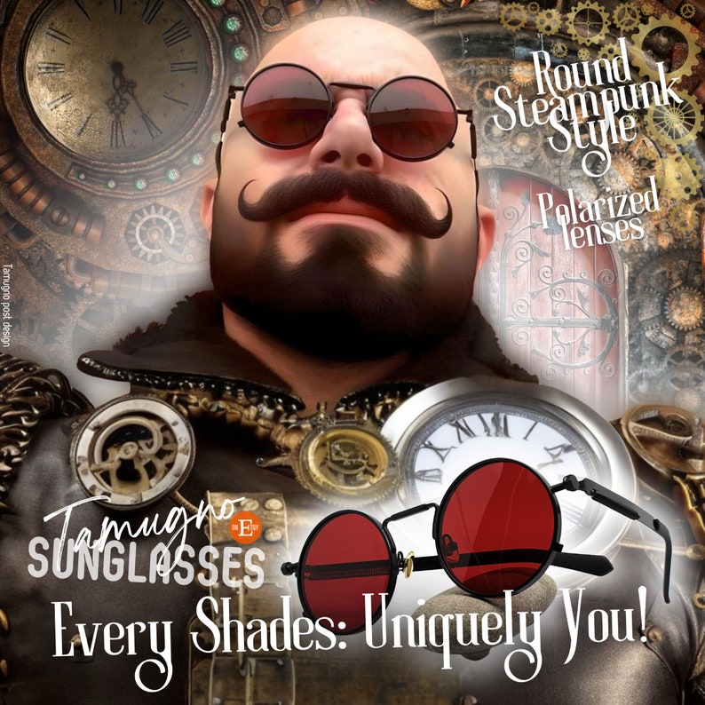 K&ouml;nnte beinhalten: Runde Sonnenbrille im Steampunk-Stil mit roten polarisierten Gl&auml;sern. Das Bild zeigt den Text "Tamugno Sunglasses" und "Every Shades: Uniquely You!" in einer stilisierten Schriftart. Die Sonnenbrille hat einen schwarzen Rahmen und befindet sich vor einem Hintergrund aus Uhren und Zahnr&auml;dern.