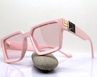 Big Square Faceted Geometric Sunglasses Man Woman Pink Gold 