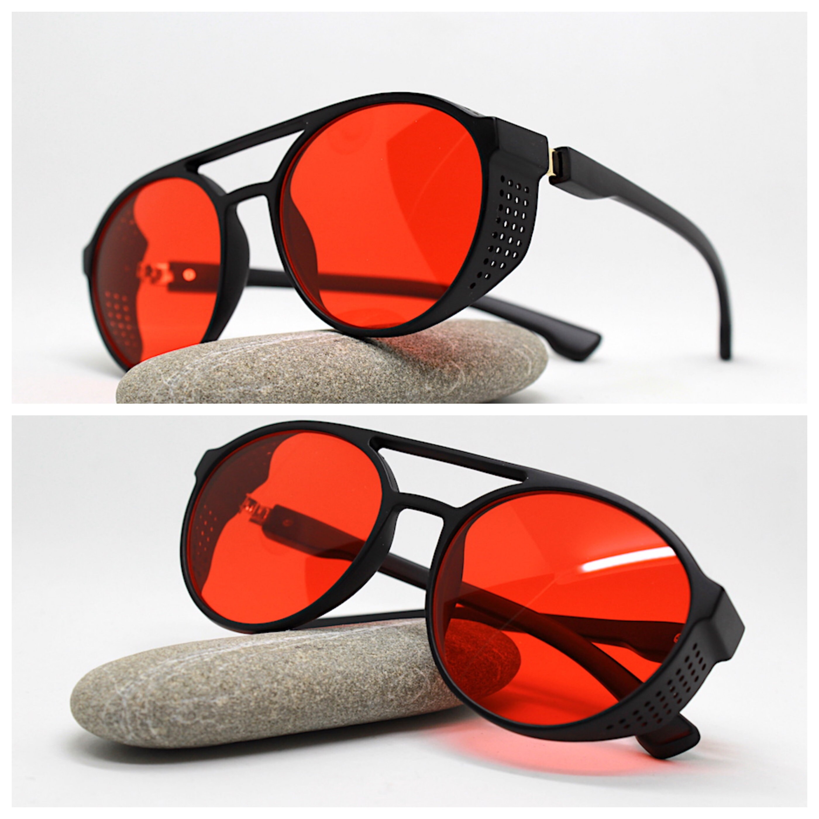 Occhiali da sole uomo aviatore goccia rotondo nero lente rossa Aviator