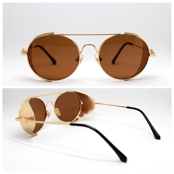 Oval Frame Sunglasses with Engraved Wide Gold Temples – Brown