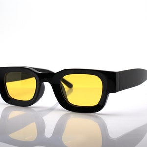 Polarized small square rectangular Sunglasses Man woman glossy black frame yellow lens