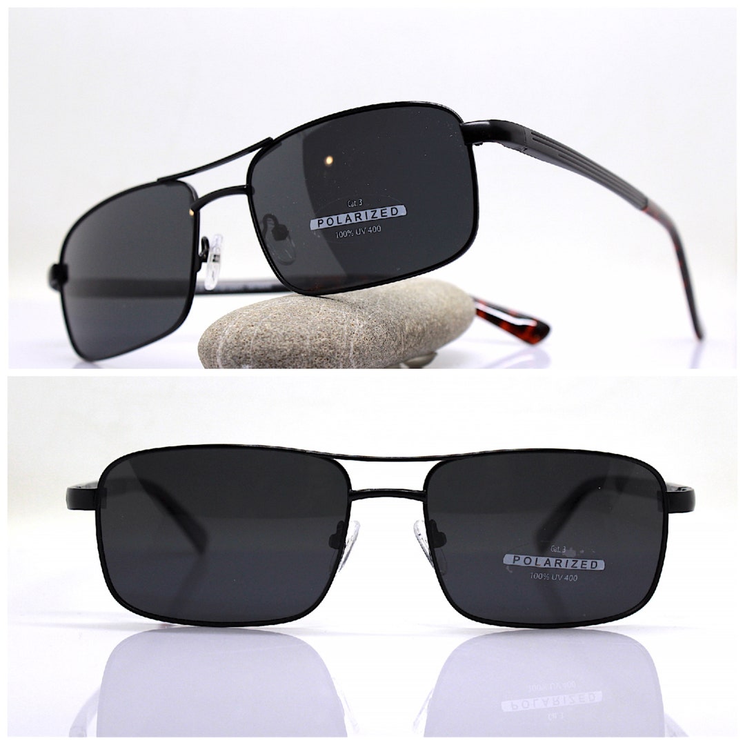 POLARIZED Rectangular Sunglasses Man Metal Black Frame Black Lens