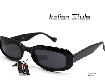 Low rectangular sunglasses man woman glossy black frame black lens vintage 90s Italian Style, Occhiali da sole uomo donna nero retrò