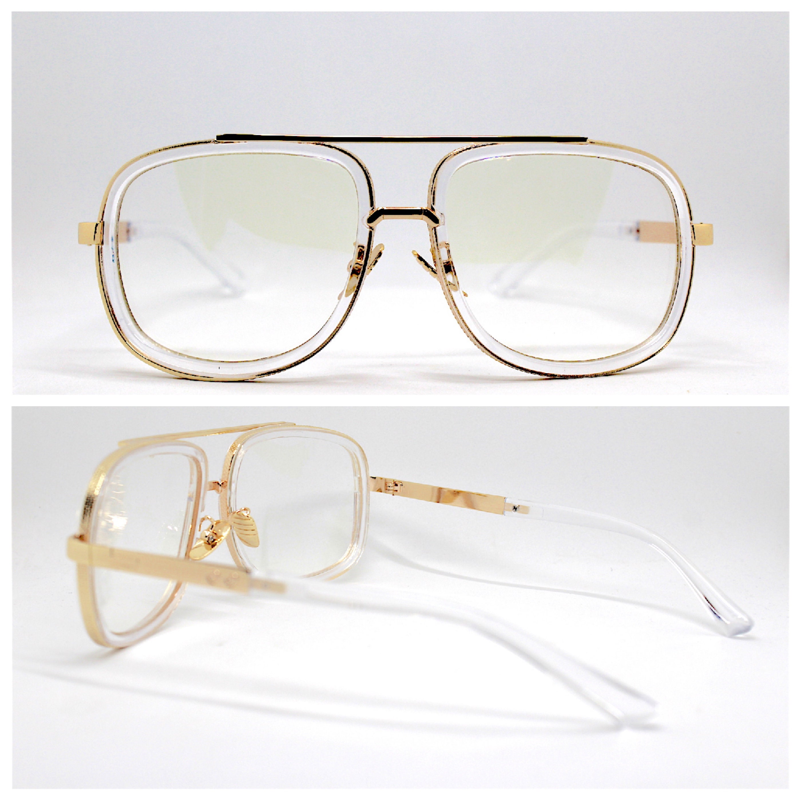 Occhiali da sole uomo aviatore pilota quadrato oro trasparente, Aviator  pilot square sunglasses man gold transparent clear lens Ironman