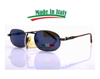 90s VINTAGE SUNGLASSES Made in Italy shades man woman, classic rectangular octagonal gunmetal tortoise frame, Mirrored blue lens, small size