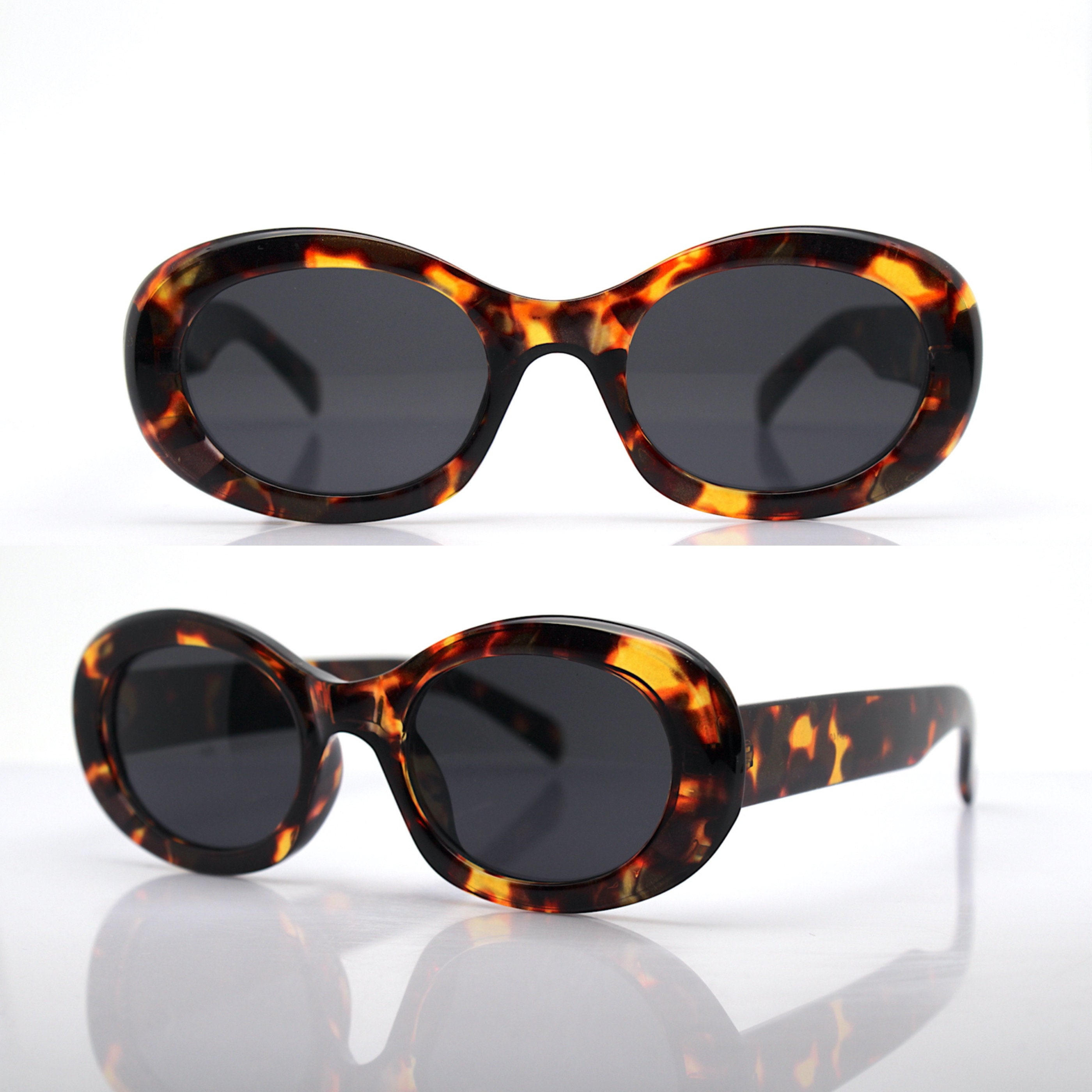 Classic Oval Round Sunglasses Woman Brown Spotted Tortoise Frame Black Lens  Vintage Boho Rock Retro Style 50s 60s -  Israel