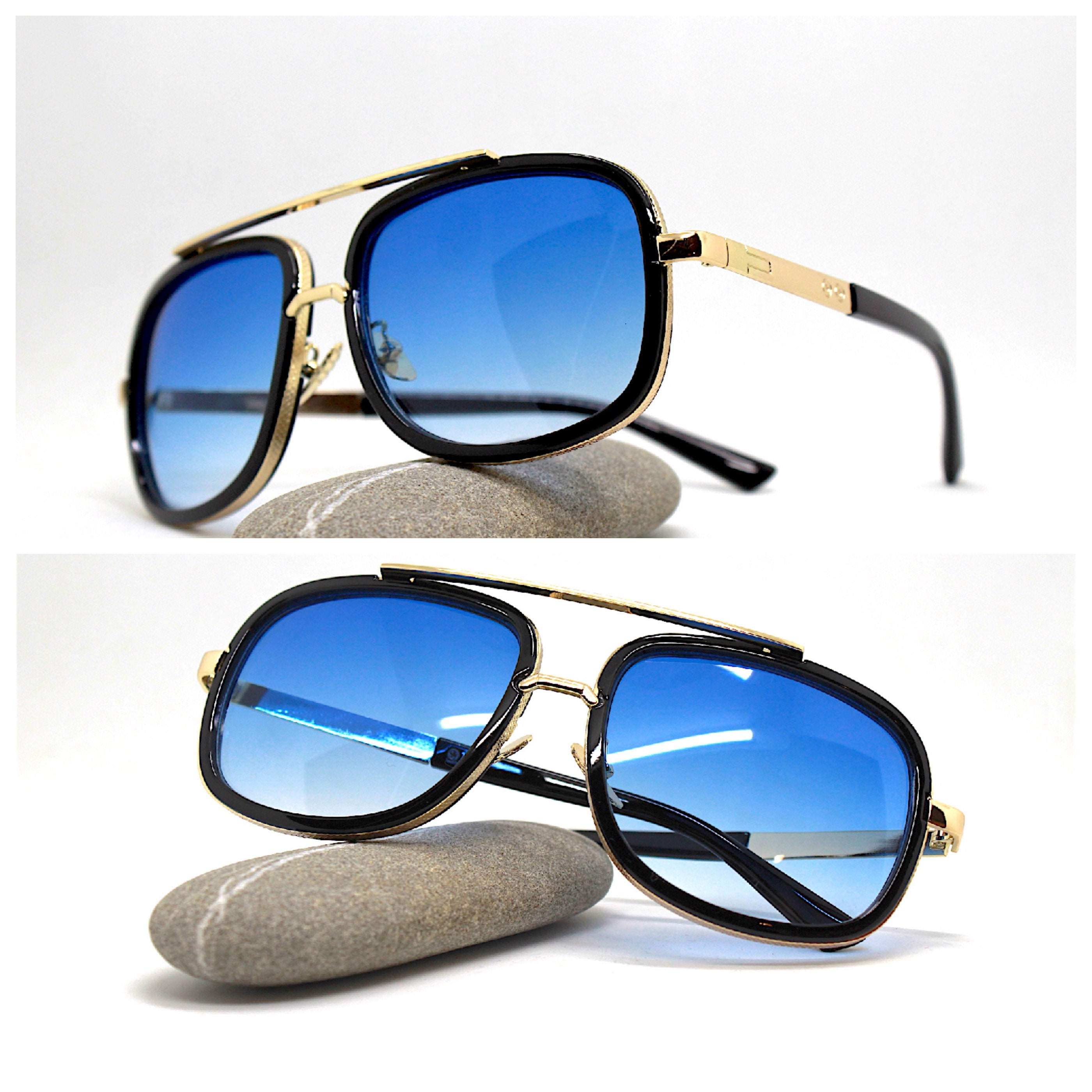 Occhiali da sole uomo aviatore pilota quadrato oro nero azzurro Aviator  pilot square sunglasses man gold black blue light Ironman Tony Stark