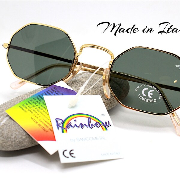 MADE IN ITALY octagonal hexagonal sunglasses man woman metal gold frame tempered glass gray lens vintage 80s boho hippy, sunglasses