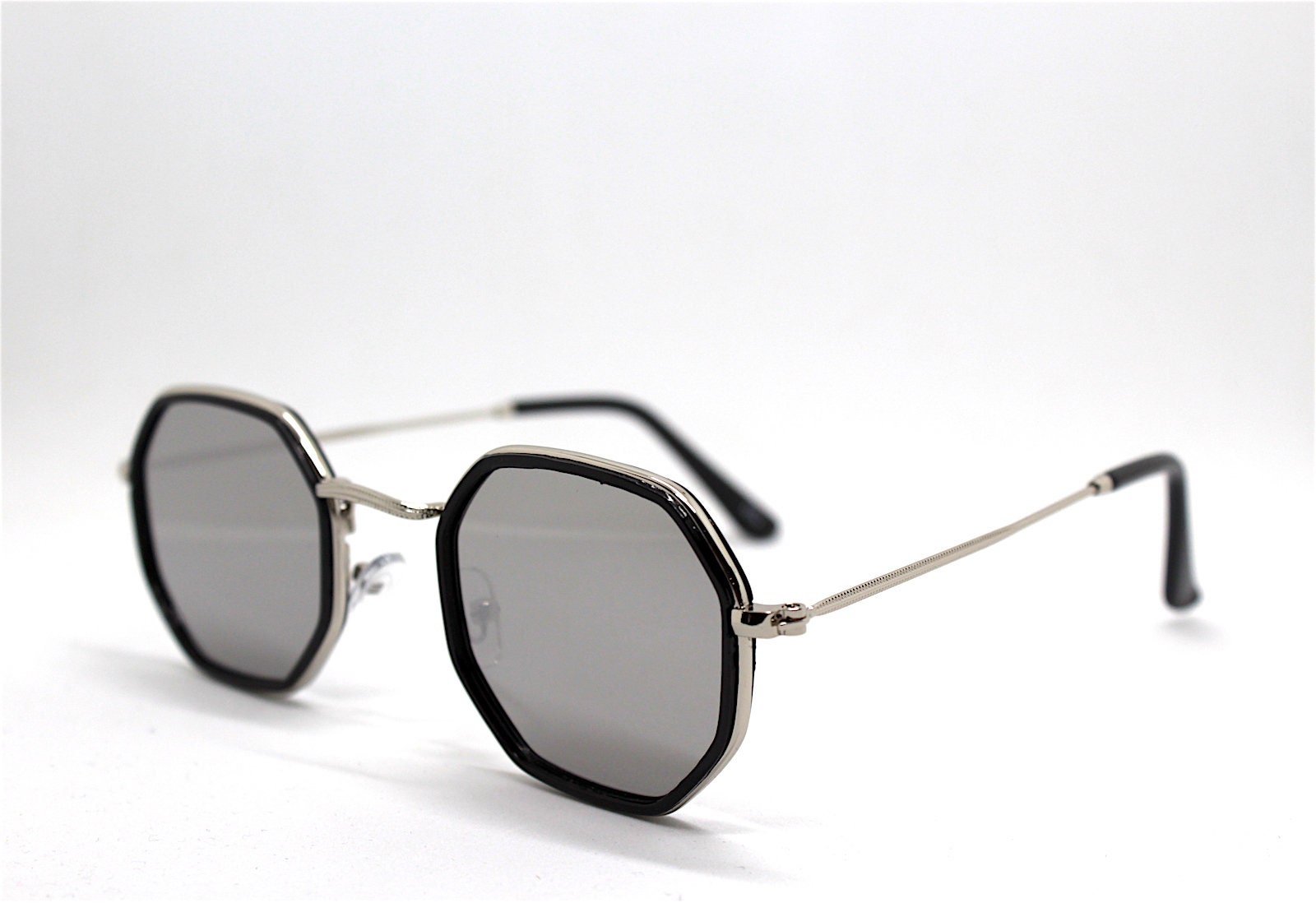 Square octagonal classic sunglasses man woman metal silver black frame ...
