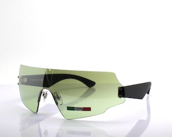 Rimless mask Sunglasses woman man quality Made in Italy, irregular shape shades green colour, wrap sport futuristic style trendy fashion