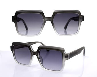SQUARE SUNGLASSES WOMEN Thick Frame in Satin Gray Fade, Smoke Gradient Lenses | Elegant Quality Shades, Bold Retro Vintage 70s Look Glasses