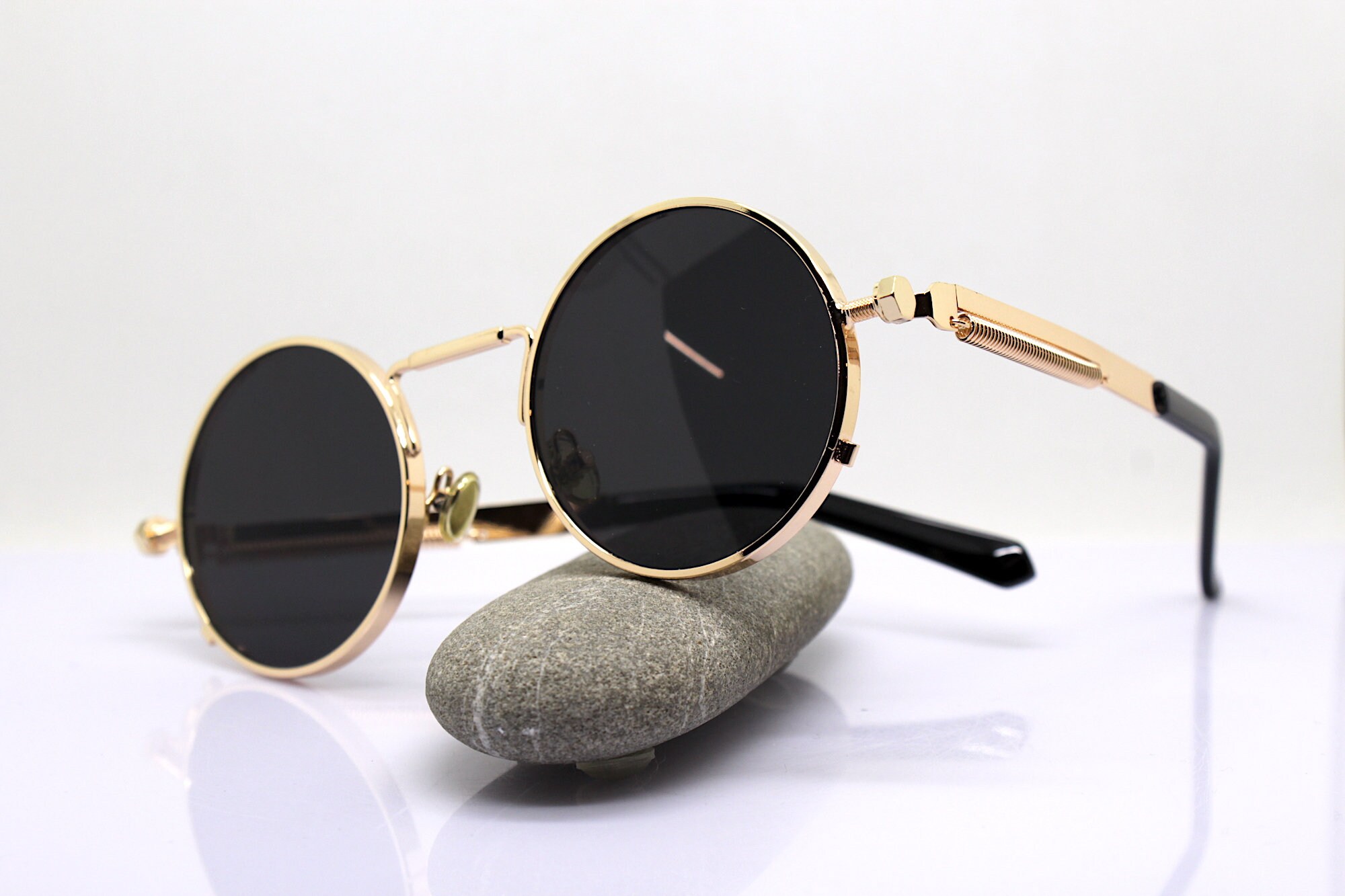 Round Sunglasses Gold/rose Frame Black New Gothic - Vampire Zealand Woman Lens Etsy Man Steampunk