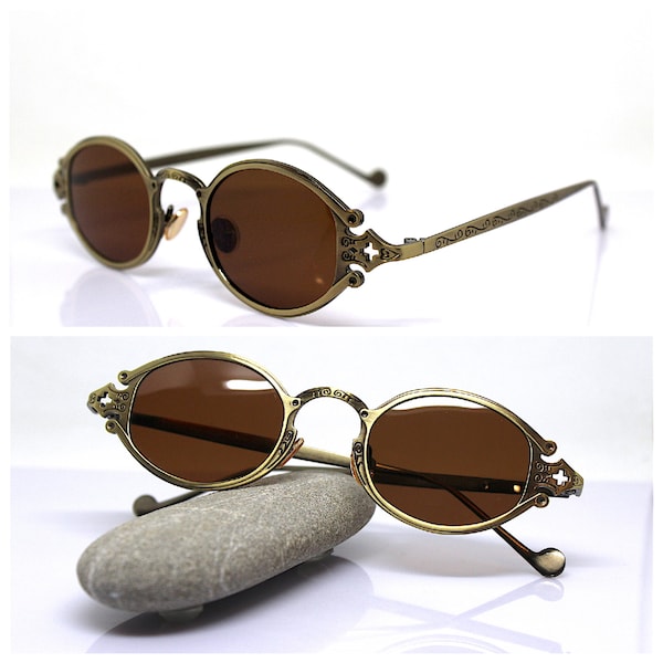 Lunettes de soleil rondes petites ovales homme femme monture métal bronze verres marron Steampunk Victorien Nordique Gothique Celtique rock punk Croisades rétro