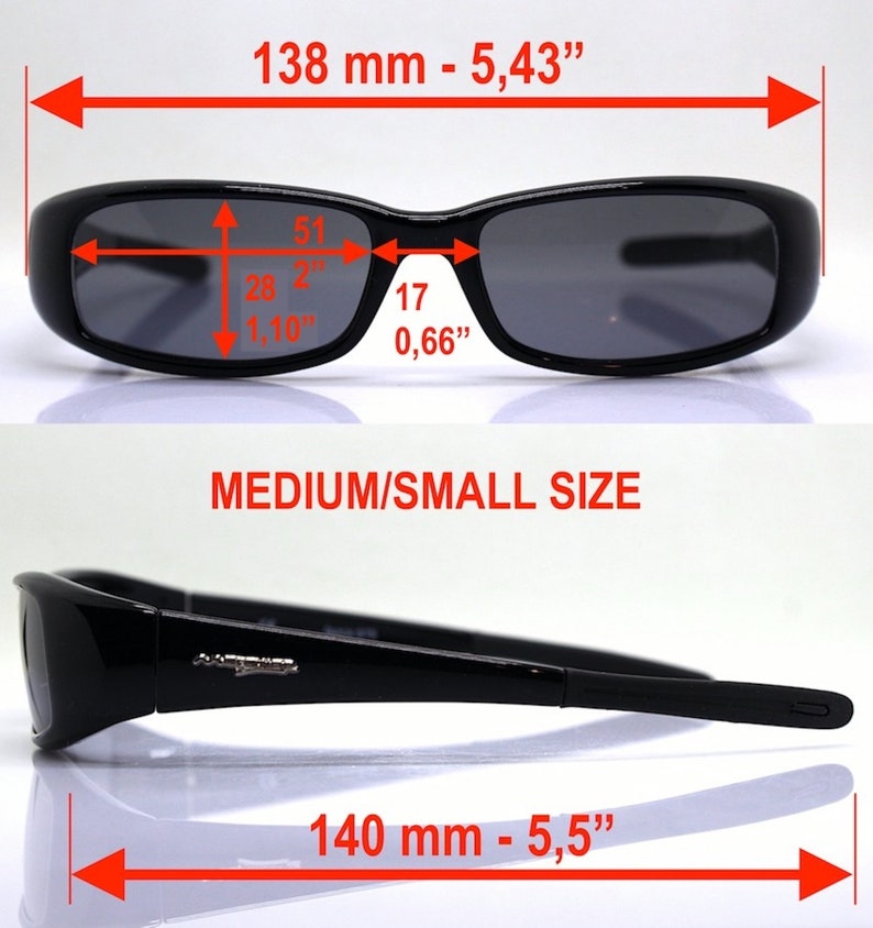 May include: Black sunglasses with dark lenses. The glasses are 5.43 inches wide and 5.5 inches long. The lenses are 2 inches wide and 1.10 inches high. The frame is marked "MEDIUM/SMALL SIZE".