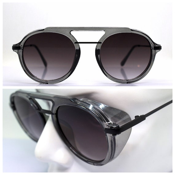 Round Oval Sunglasses Man Transparent Gray Black Frame Shaded