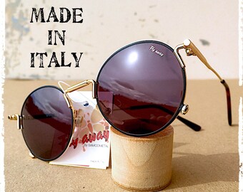 Classic round sunglasses man woman metal gold frame purple aubergine plum lens Hippy hipster steampunk style, round glasses MADE IN ITALY