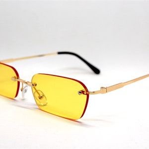 Occhiali da sole uomo donna senza montatura rettangolare oro lente giallo, Rimless Sunglasses rectangular man woman gold yellow lens Hippy