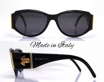 MADE IN ITALY oval cat eye sunglasses woman black gold frame black lens vintage 90s fashion stylist, cat eye women sunglasses