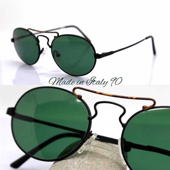 MADE IN ITALY lunettes de soleil rondes ovales homme femme métal cadre noir  vert bouteille lentille classique original vintage années 90 boho hippie  art déco, lunettes -  France