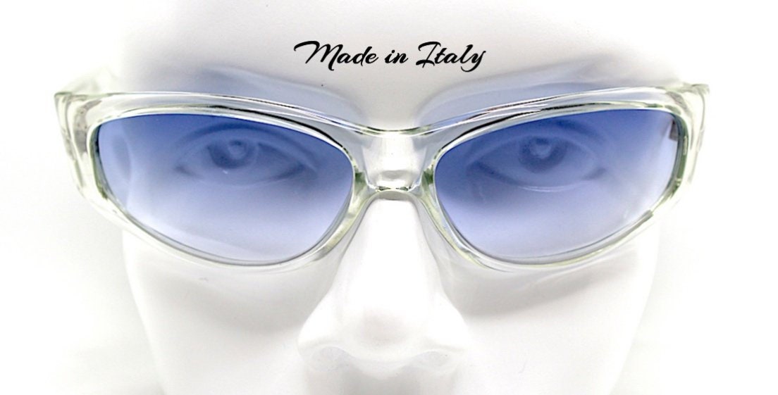 Occhaili da sole vintage uomo ovale trasparente avvolgente lente azzurra  sunglasses men oval transparent enveloping Blue lens Made in Italy