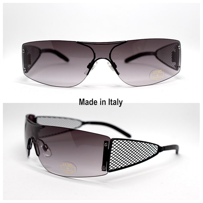 Occhiali da sole uomo donna maschera rettangolare senza montatura nera rimless rectangular mask sunglasses men black Steampunk Made in Italy