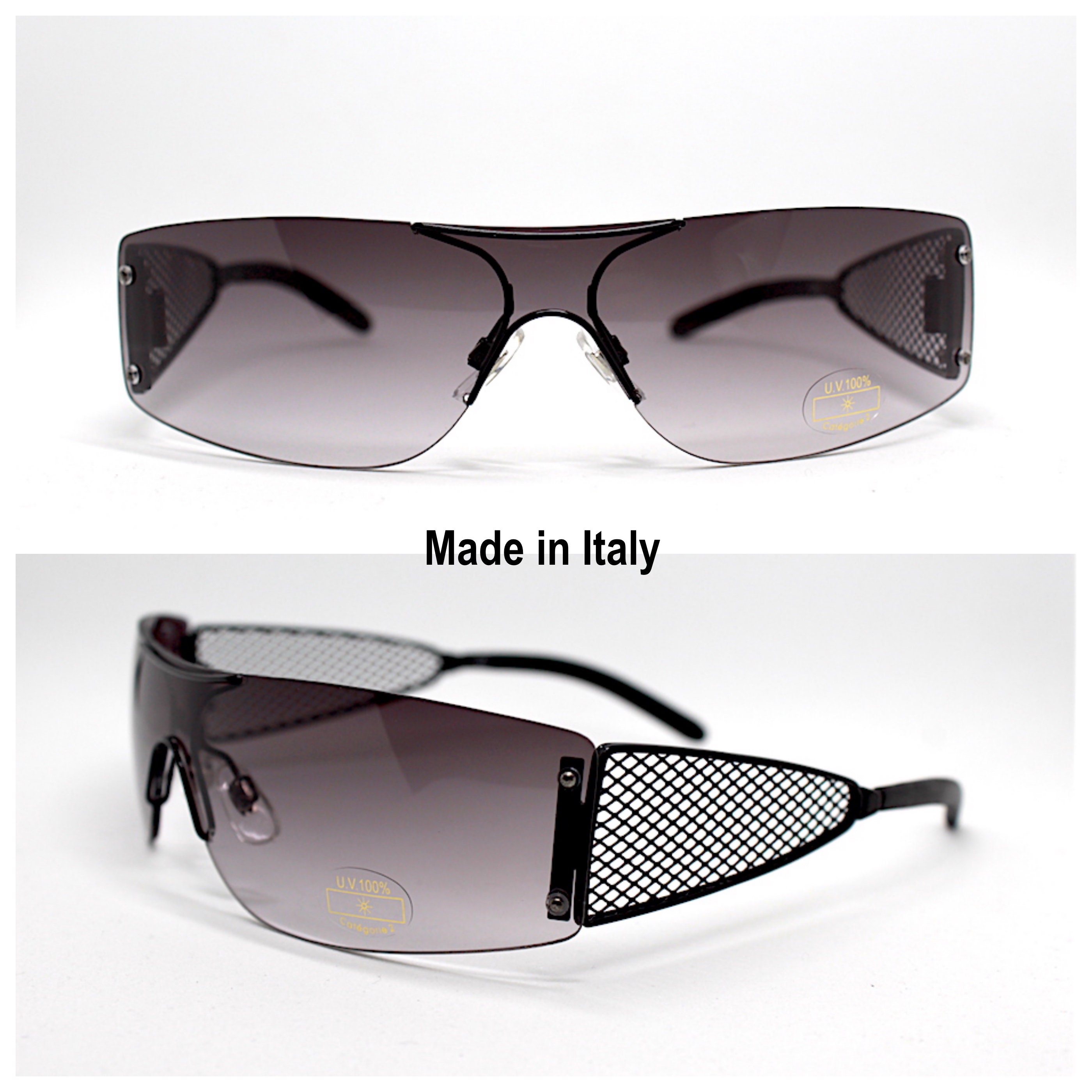 Occhiali da sole uomo donna maschera rettangolare senza montatura nera rimless rectangular mask sunglasses men black Steampunk Made in Italy